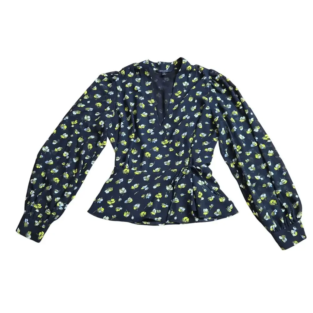 Banana Republic Womens Cottage Whimsigoth Floral Puff Sleeve Wrap Peplum Top S